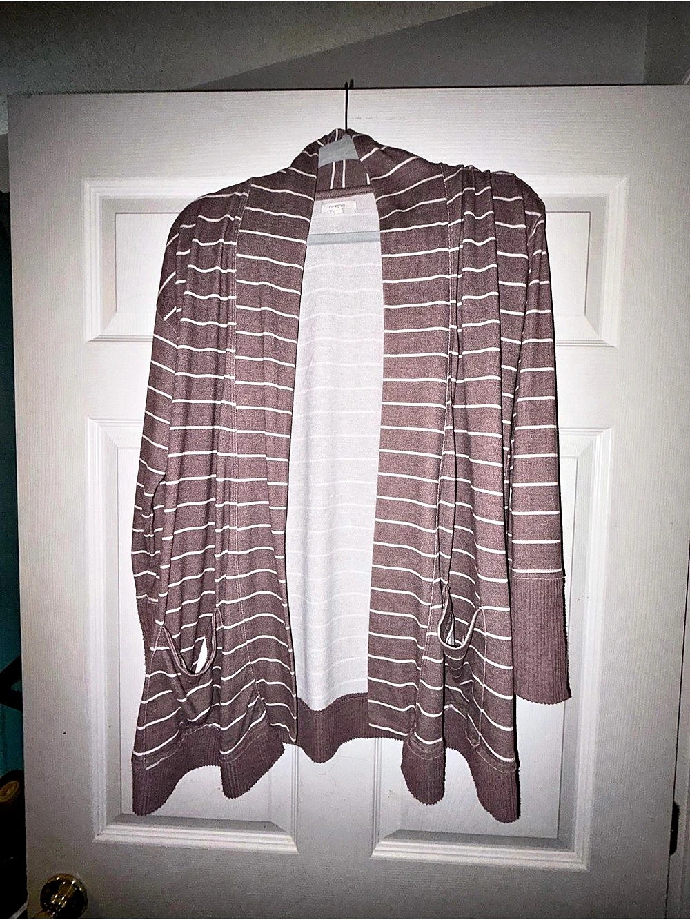 Striped Open Front Cardigan in lilac & White Like New